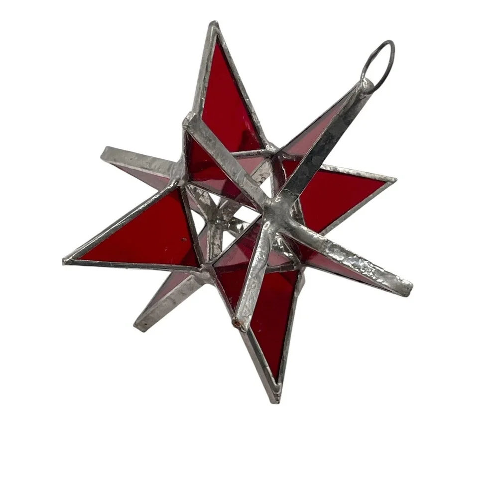 Vintage‎ Moravian 12 Point Star Red Leaded Stained Glass Sun Catcher Ornament
